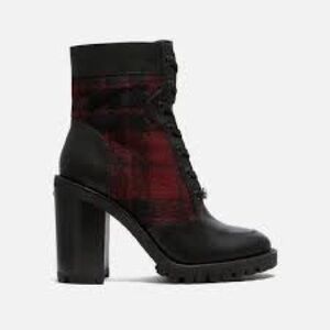 Coach Hartley Plaid Lace-Up Booties Black Leather & Red Wool Ankle Boots 7B